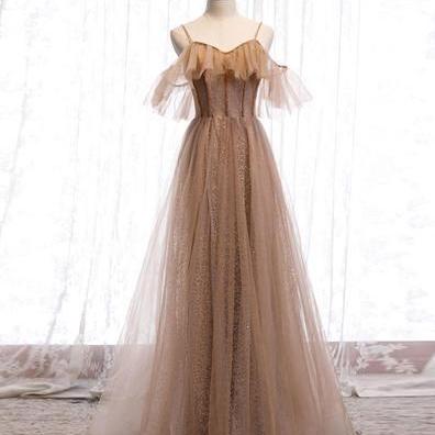 Champagne tulle sequin long prom dress