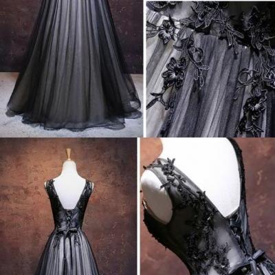 A-line V Neck Black Lace Tulle Prom Dress