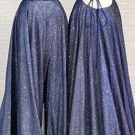 A-line Unique Backless Long Prom Dress Navy Blue Evening Dress