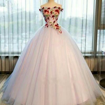 Off the shoulder tulle prom dress with appliques 