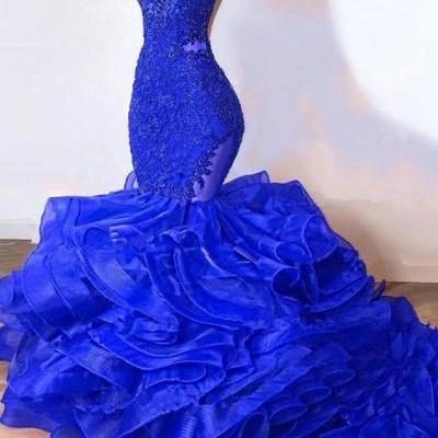 Royal Blue Prom Dresses Mermaid Long Ruffles Organza V Neck Evening Gowns Formal dress