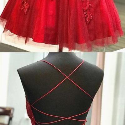 A Line V Neck Short Backless Red Lace Prom Dresses, Short Red Backless Lace Formal Homecoming Dress