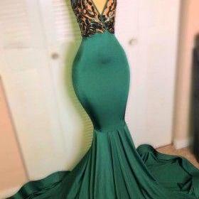 Pine Green Halter Plunging Sequin Mermaid Prom Dress