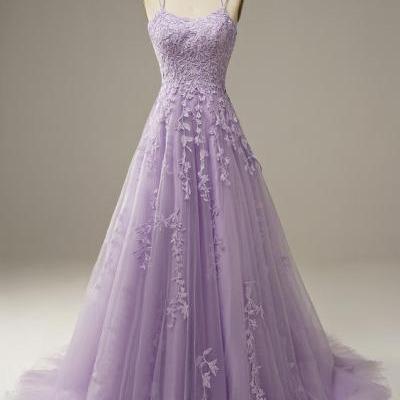Spaghetti Straps Lilac TulleLace Long Prom Dress
