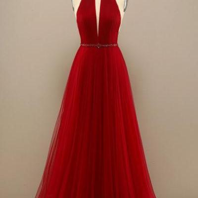 Red Pleated Long Chiffon Prom Dress 