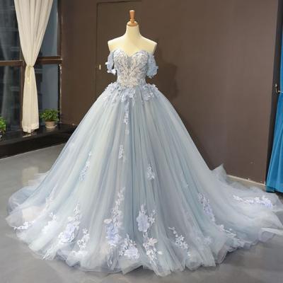 Glamorous Ball Gown Off the Shoulder Light Blue Long Prom/Evening Dress with Appliques