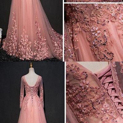 CHIC A-LINE SCOOP FLOOR LENGTH PINK TULLE APPLIQUE PROM DRESS EVENING DRESS