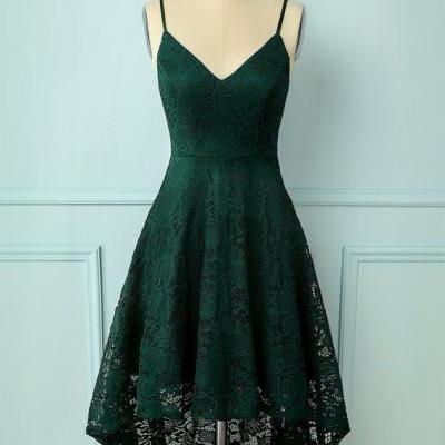 Straps High low Lace Dress - Dark Green