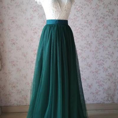 Dark Green Tulle And White Lace Top Prom Dress 