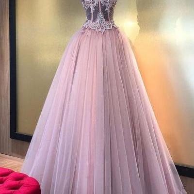 Pink sweetheart tulle lace long prom dress