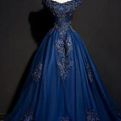 Blue v neck tulle beads long prom dress