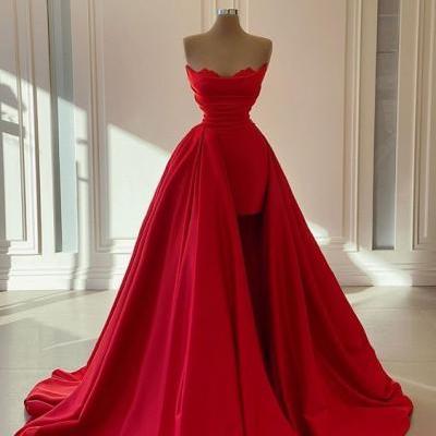 Red Satin unique Prom Dress 