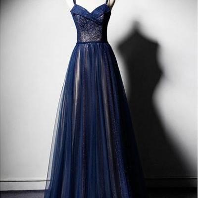 Dark blue tulle long prom dress, dark blue evening dress