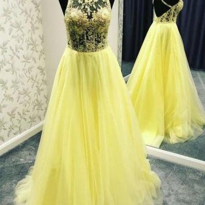 Yellow lace prom dress evening dress