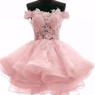 Pretty Off Shoulder Pink Organza Short Cheap Homecoming Dresses 