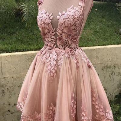 Illusion Neckline Pink Homecoming Dresses with Beaded Lace Embroidery