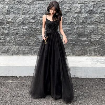 Black tulle beads long prom dress, black evening dress