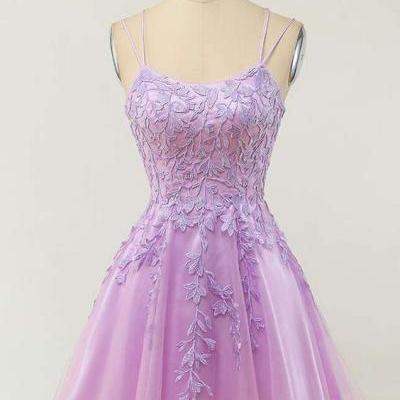 Light Purple Lace Appliques Short A-line Homecoming Dress