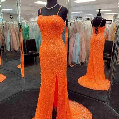 Mermaid Sequined Orange Prom Dress with Slit