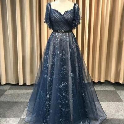 Unique Blue Short Sleeve V Neck Prom Dresses A Line Long Evening Dress