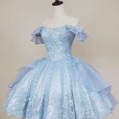 Vintage Blue Lace Homecoming Dresses,Off The Shoulder Homecoming Dresses