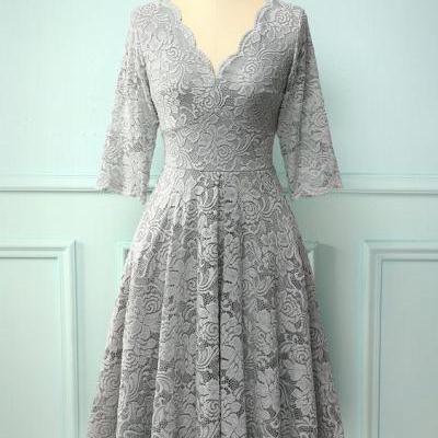 Lace Formal Dress with 3/4 Sleeves - Grey