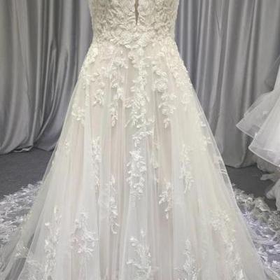 Spaghetti Long Lace Wedding Dresses, Romantic Wedding Dresses A-line Wedding Dresses