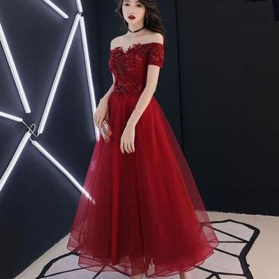 Burgundy tulle lace prom dress, burgundy tulle evening dress