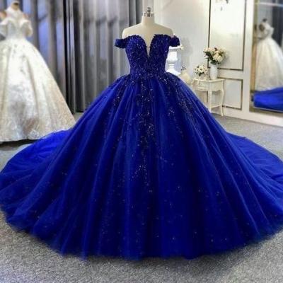 Royal Blue Off The Shoulder ball gown Long Prom Dresses Evening Gowns