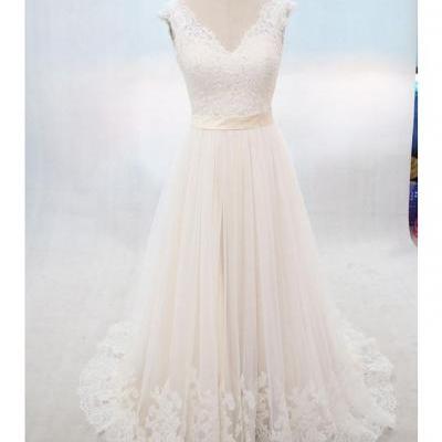 A-Line Wedding Dresses V Neck Sweep / Brush Train Lace Over Tulle Regular Straps Romantic Illusion Detail with Sash