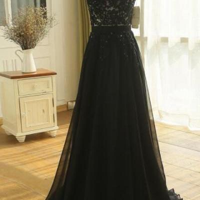Cap SHoulder A Line Sexy Black Lace Applique Wedding Dress Evening Dress Full Length Prom Dress