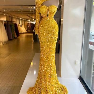 Yellow sequin mermaid long prom dress, sexy evening dress
