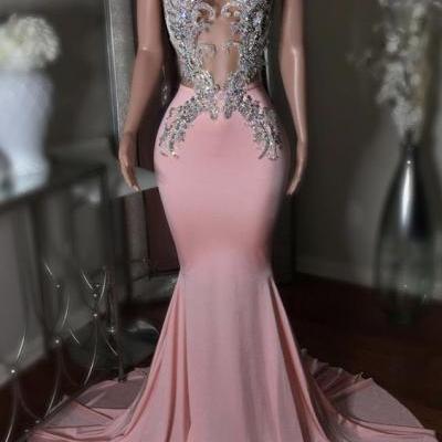 Pink mermaid beads prom dress mermaid evening dress