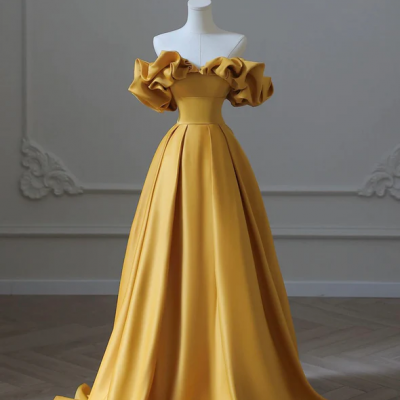 Yellow satin off the shoulder long ball gown dress formal dress 275