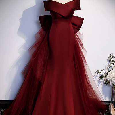 Burgundy Mermaid Floor Length Prom Dress，Back With Bow And Tulle 367