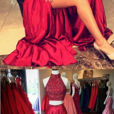 Sparkly Sequins Prom Dress,Two Pieces Prom Dress,Red Split Prom Dress,Satin Prom Dress, Maxi Prom Dress, Cheap Party Dress, 2017evening Dress