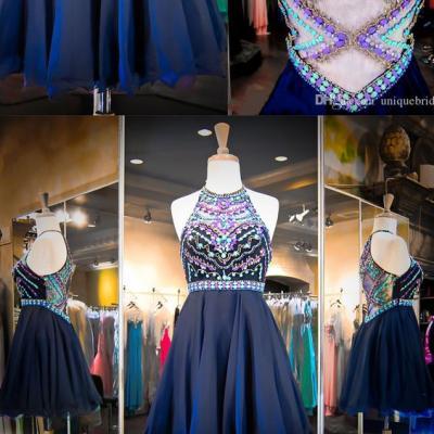 Crystal Beaded Homecoming Dress,Halter Prom Gown,Mini Prom Dress,Fashion Prom Dress,Sexy Party Dress, 2017 New Evening Dress