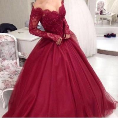 Long Sleeve Lace Dress,Off The Shoulder Ball Gown,A Line Prom Dress,Fashion Prom Dress,Sexy Party Dress, 2017 New Evening Dress