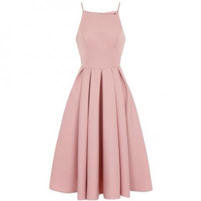 Pink Midi Pleated Skater Dress Featuring Halter Neck and Spaghetti Straps 