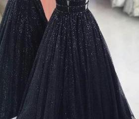 Black Sequins Tulle Prom Dress LBQ1335 main image 1