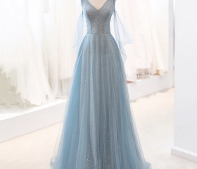 Pale Blue Pleat Tulle V Neck Tiered A Line Floor Length Prom Dresses LBQ1763 main image 1