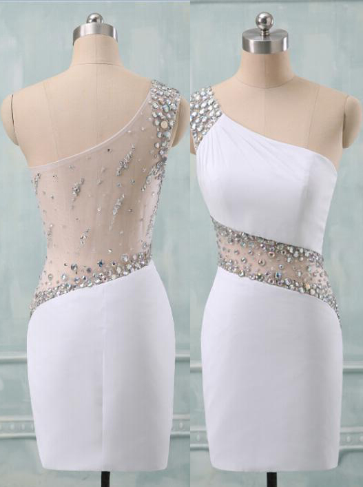 Sexy Beads One-shoulder White Sheer Back Short Homecoming Dress/Cocktail Dress
