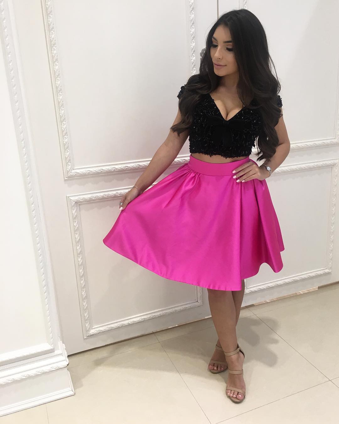 Pink Prom Dress with Black Bows