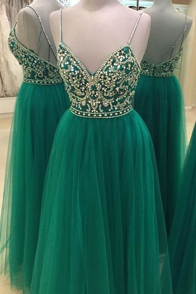 Green Beaded Prom Dress, Backless Tulle Prom Dress, Elegant Spaghetti Straps Prom Dress