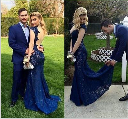 Dark Blue Prom Dresses Sleeves