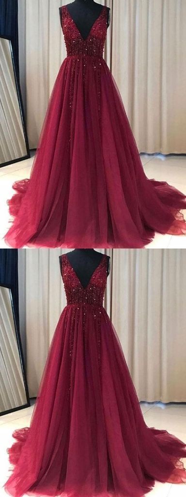 Burgundy Prom Dress, A Line Simple Party Dress, Modest V-neck Long Prom ...