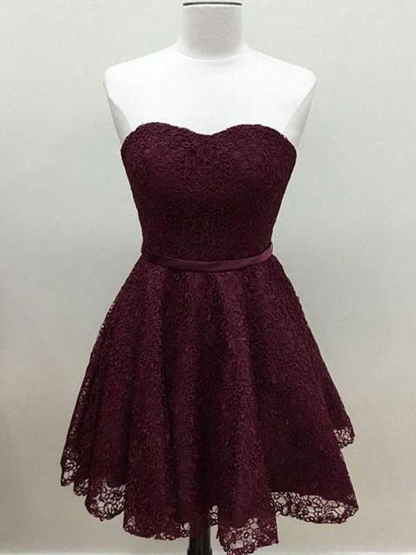 Sweetheart Cute Simple Maroon Short Lace Homecoming Dress 428