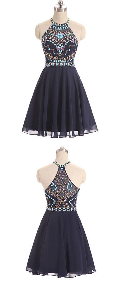 Navy Blue Round Neck Homecoming Dress, Beading Short Prom Dress 460