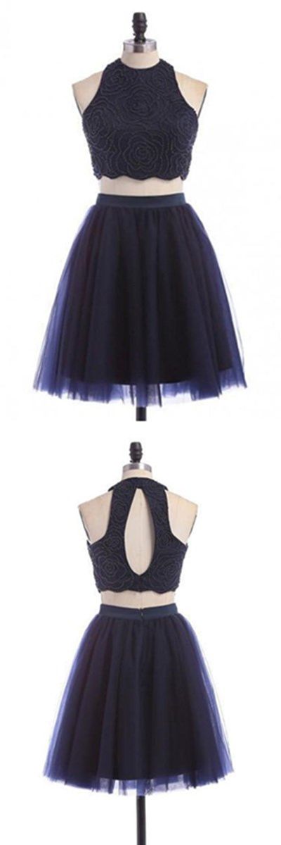 A-line Homecoming Dress, Round Neck Homecoming Dress, Beading Two Piece Homecoming Dress, Navy Blue Short Homecoming Dress 461