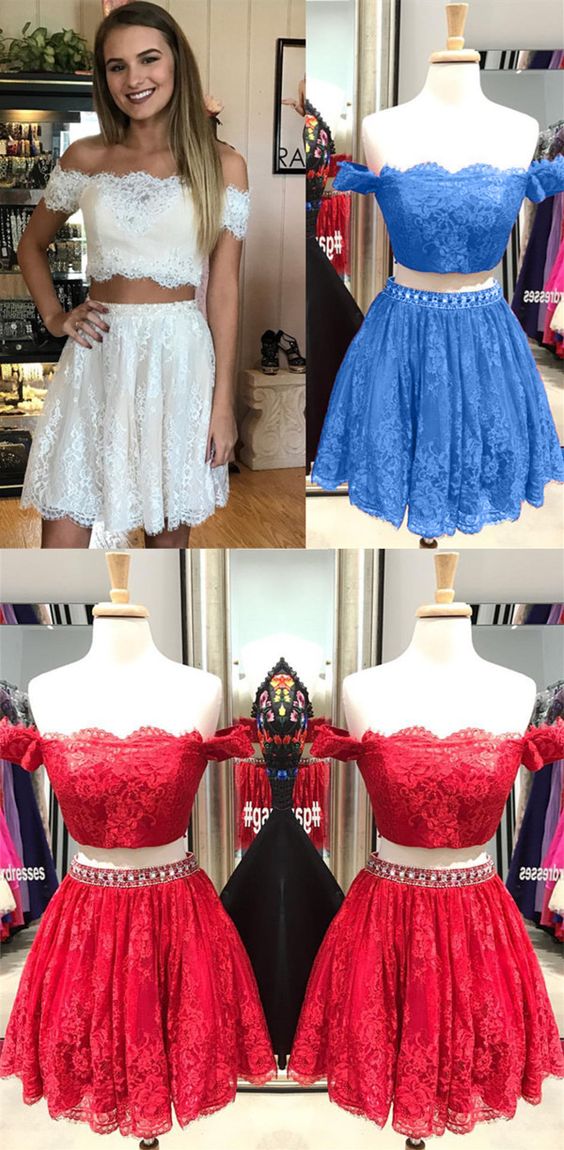 Two Piece Prom Dress, Knee Length Prom Dress, A Line Prom Dress, Off Shoulder Cocktail Dress, Lace Prom Dress 464